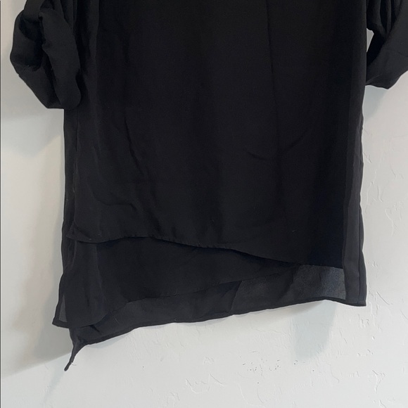 New York & Company Black Asymmetric V-Neck Tunic with Roll-Tab Sleeves - Picture 4 of 5